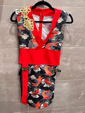 Red & Black Koi Print Side Tie Dress with Gold Embellishment